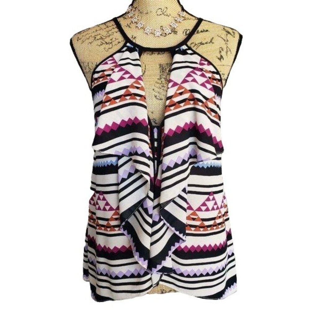 BCBGMaxAzria Halter XS Open Front Ruffle Tribal Sleeveless Top Preppy Chic Sexy